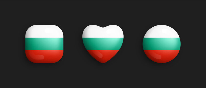 Bulgaria Official National Flag 3D Vector Glossy Icons In Rounded Square, Heart And Circle Shape Isolate On Background. Bulgarian Sign And Symbols Graphic Design Elements Volumetric Buttons Collection