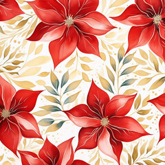 Holiday pattern with red Christmas poinsettia flowers. Watercolor background created with Generative Ai technology