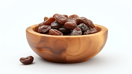 Raisins in wooden bowl isolated on white background