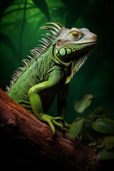Fototapeta premium an iguana in green with a branch of a tree contemporary modernist forestpunk realist lifelike precision