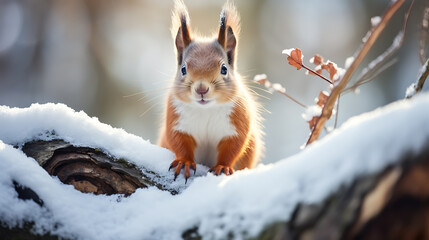 Squirrel in the winter with the snow