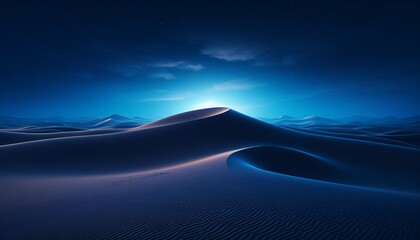 a blue desert field of sand at night photorealistic detail smooth curves minimalist color palette
