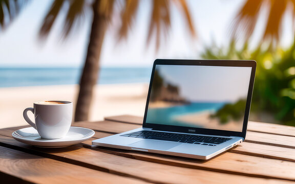 Laptop and a cup of coffee on a wooden table on a blurred tropical beach background. Freelancing, work with view, home office, remote work, distant work concept.Generative AI
