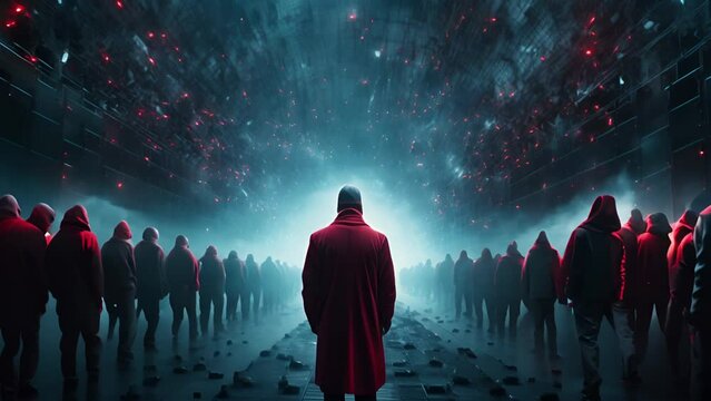 整列する人々と赤いコートの男性,Generative AI 