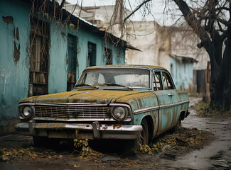 widok starego zardzewiałego auta amerykańskiego na kubie