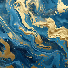 Blue marble background with gold foil waves. Abstract texture created with Generative Ai technology