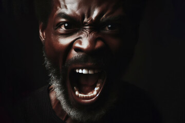 An angry man with an open mouth on a dark background. ai generative