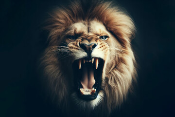 An angry lion with an open mouth on a dark background. ai generative