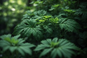 Closeup view of dark green leafed plants in nature, showcasing the intricate details of the leaves. ai generative
