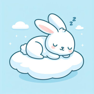 cute little bunny rabbit sleeping on a cloud solid blue background. ai generative