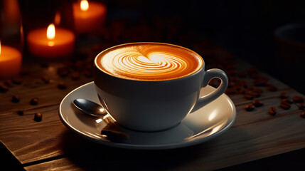 An image of a white cup with latte art, in the style of dark atmosphere