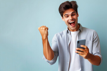 Excited happy young man with phone rejoices in victory or winning on solid background. ai generative