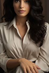 Fototapeta premium Caucasian female, 30s, BLACK hair, manicured hands, clear nail polish, modern beige look, businesswoman