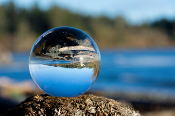 An image of a glass lens ball resting on driftwood and reflecting a clear image of the blue ocean...
