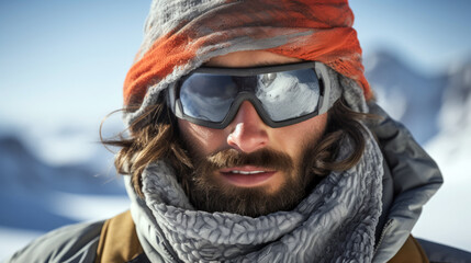 Fototapeta na wymiar Determined Explorer in Snowy Mountains