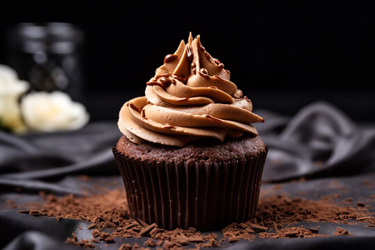 Brown cupcake with frosted chocolate shaving, in the style of darktable processing