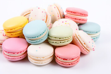 Macarons, pastel colors, white background