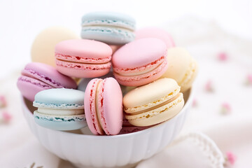 Macarons, pastel colors, white background