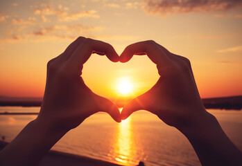 Silhouette of hands with loving heart as sun rises in the frame, in the style of photo-realistic landscapes