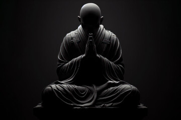 praying monk sit on solid black background. ai generative - obrazy, fototapety, plakaty