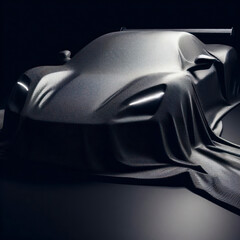 Secret Mystery car prototype presentation covered by fabric, sports car on black background. ai generative