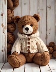 Knitted Teddy Bear on White Wooden Background