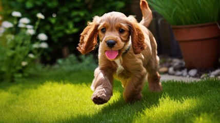 A playful puppy darts through green grass in a garden, enjoying the sunshine.