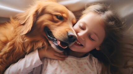 A little girl and her golden retriever lying on a bed.