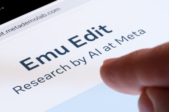 Emu Edit tool logo seen on ipad screen. New AI image editing tool from Meta. Stafford, UK, November 19, 2023