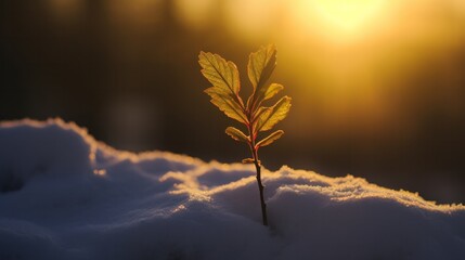 A resilient plant thrives in the snow at sunset, showcasing the beauty of nature's perseverance.