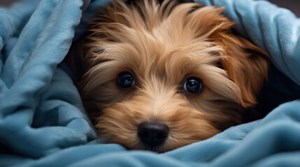 Puppy's tender gaze from a soft blue blanket, a picture of youthful curiosity and comfort.