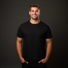 Man smiling in black t-shirt on grey background isolated AI