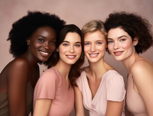 Obraz premium four beautiful women smiling in front of the camera light beige and amber simplicity monochromatic color palette