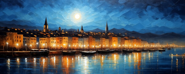 An oil painting of cityscape artwork, night at the city with sea. Moon in the sky. Oil painting brushes with natural warm colors. Can be used as background, wallpaper or printable art.