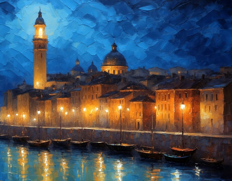 An oil painting of cityscape artwork, night at the city with sea. Oil painting brushes with natural warm colors. Can be used as background, wallpaper or printable art.