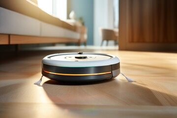 A robot vacuum cleaner does cleaning in a smart home.