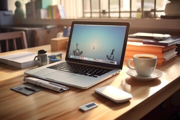 Neat and Tidy Workspace with Laptop, Notebooks, and Coffee Mugs