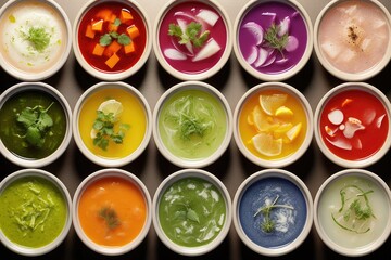 Close-up Capturing Spectrum of Colorful Soups Prepared with Vegetable Broth