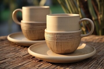 Fototapeta premium Recyclable Material Cups for Coffee or Tea, Elegant Eco-Friendly Drinkware Made from Bamboo