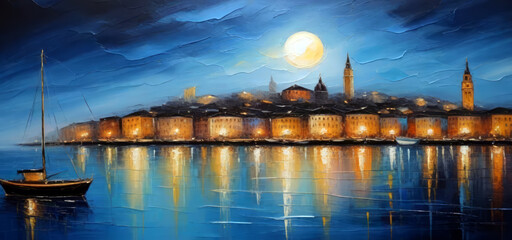 An oil painting of cityscape artwork, night at the city with sea. Moon in the sky. Oil painting brushes with natural warm colors. Can be used as background, wallpaper or printable art.