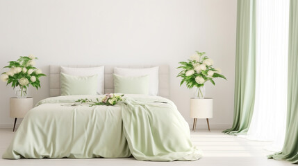 Interior white bedroom with green curtains and pillows on bed elegant classic for rest and sleep. Modern white bedroom bright. Space at home with flowers at morning