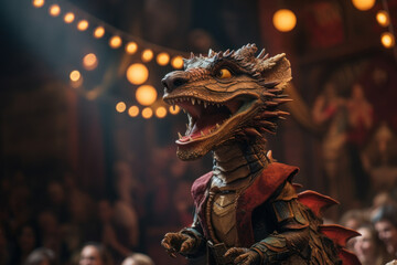 A dragon puppet captivating an audience in a lively puppet show. Concept of puppetry and...
