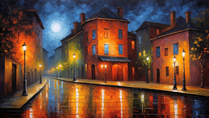 Naklejka premium An oil painting of cityscape artwork, night at the city. Oil painting brushes with natural warm colors. Can be used as background, wallpaper or printable art.