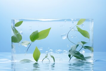 green leaves and trees surrounded by ice cubes on a blue surface, exotic flora and fauna, minimalist beauty, lightbox