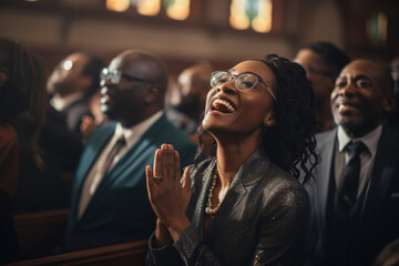 A church congregation singing gospel songs in a MLK Day service. Concept of faith and unity. Generative Ai.
