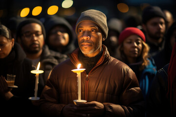 A candlelight vigil at a MLK Day event, promoting unity and peace. Concept of reflection and solidarity. Generative Ai. - obrazy, fototapety, plakaty