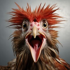 A chicken with a very expressive facial expression. Very funny look. Great image for web icon, game avatar, profile picture, for educational needs of nature. Square - obrazy, fototapety, plakaty