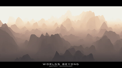 Abstract beige landscape with misty fog till horizon over mountain slopes. Gradient eroded terrain surface. Worlds beyond. - obrazy, fototapety, plakaty