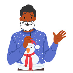 Cheerful Man In A Festive Christmas Sweater with Snowman, Sporting A Beard Photo Booth Prop. Happy Male Character Posing