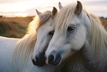 horses resting in front of one another, with sunset lights lighting their fur, light gray and, humor meets heart